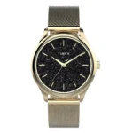 TIMEX TW2V01300 Elegantiškas „Timex“ laikrodis su žvilgančiu juodu blizgančiu ciferblatu ir aukso spalvos tinkliniu dirželiu, pasižymintis minimalistiniu stiliumi ir rafinuotumu.