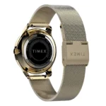 TIMEX TW2V01300-2 Auksinio „Timex“ laikrodžio su juodu ciferblatu, tinkliniu dirželiu ir graviruotomis detalėmis, pabrėžiančiomis jo dizainą ir meistriškumą, vaizdas iš galo.
