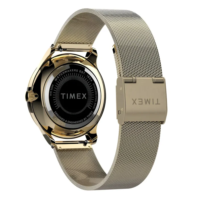 TIMEX TW2V01300-2 Auksinio „Timex“ laikrodžio su juodu ciferblatu, tinkliniu dirželiu ir graviruotomis detalėmis, pabrėžiančiomis jo dizainą ir meistriškumą, vaizdas iš galo.
