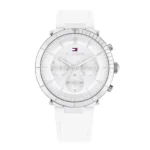 White Tommy Hilfiger chronograph watch with silver accents, featuring a minimalist dial and a sleek white strap.