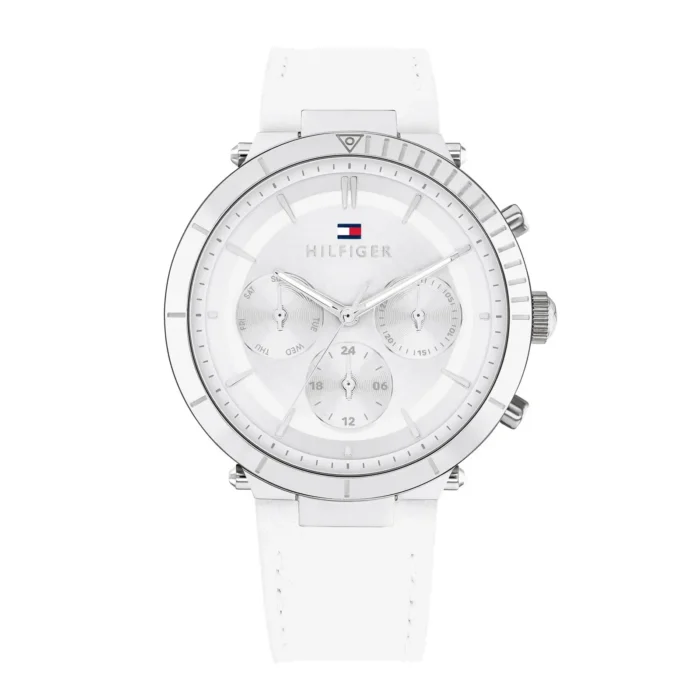 White Tommy Hilfiger chronograph watch with silver accents, featuring a minimalist dial and a sleek white strap.