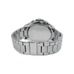 TOMMY HILFIGER 1791122-2 Nerūdijančio plieno chronografo laikrodžio galinė pusė, demonstruojanti poliruotą apyrankę ir permatomą korpuso galinę dalį su prekės ženklo detale.