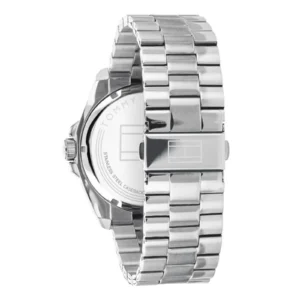 A sleek silver stainless steel watch with a polished bracelet and engraved case back, showcasing its modern design and elegance.