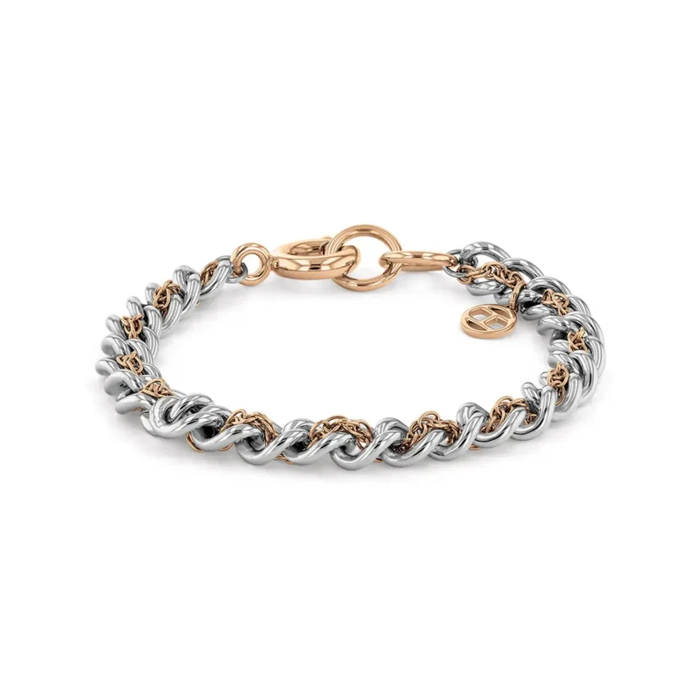 Two-tone chain bracelet featuring intertwined silver and rose gold links, secured with a stylish toggle clasp.