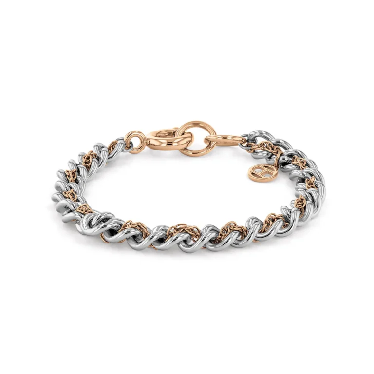 Two-tone chain bracelet featuring intertwined silver and rose gold links, secured with a stylish toggle clasp.