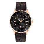TRUSSARDI R2421143001 Elegant Trussardi automatic watch featuring a black dial, gold-tone hands, and a dark brown crocodile-embossed leather strap.