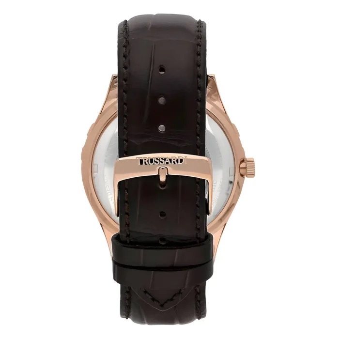 TRUSSARDI R2421143001-4 Back view of a luxury Trussardi watch featuring a brown leather strap and a polished rose gold buckle.