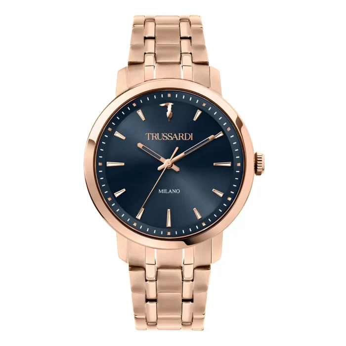 A stylish Trussardi watch with a rose gold stainless steel band, featuring a dark blue dial and minimalist markings.