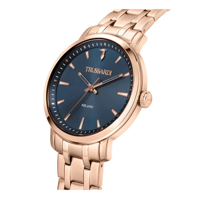 Elegant Trussardi watch featuring a blue dial, rose gold case, and bracelet, showcasing minimalist design and sophistication.