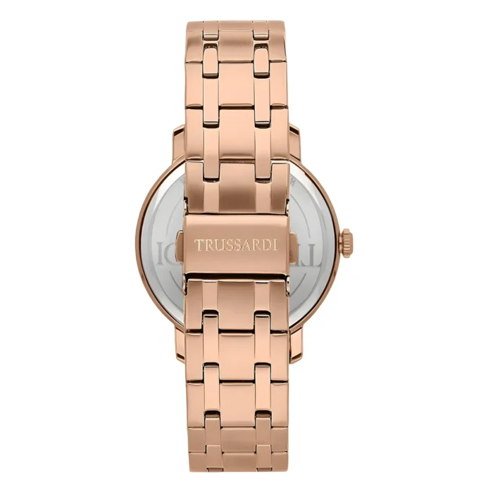 Rosé gold Trussardi watch featuring a sleek metal strap and minimalist design, showcasing refined elegance in timekeeping.