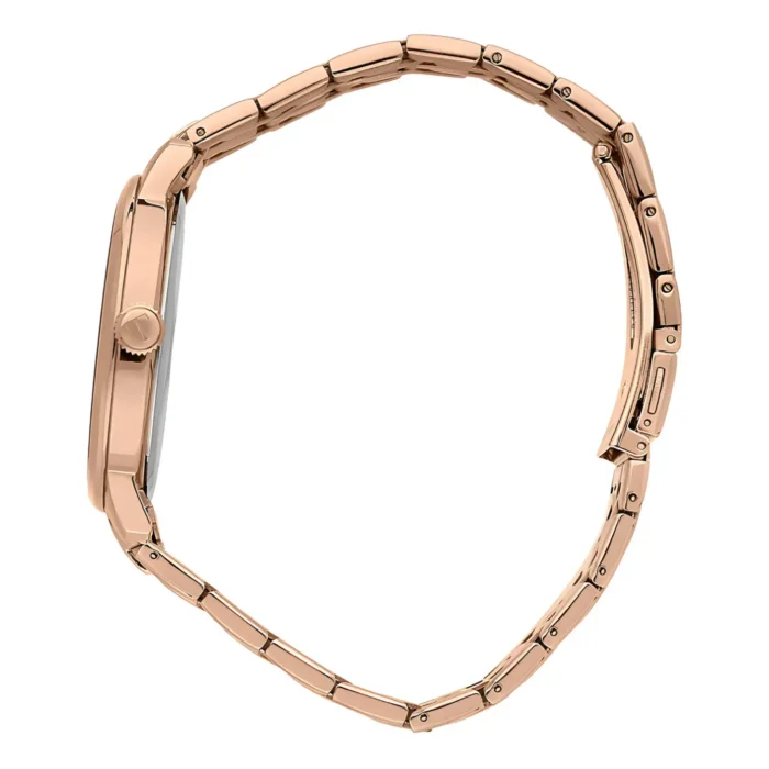 A sleek, rose gold watch with a rectangular face and linked band, showcased from the side for a clear view of its elegant design.
