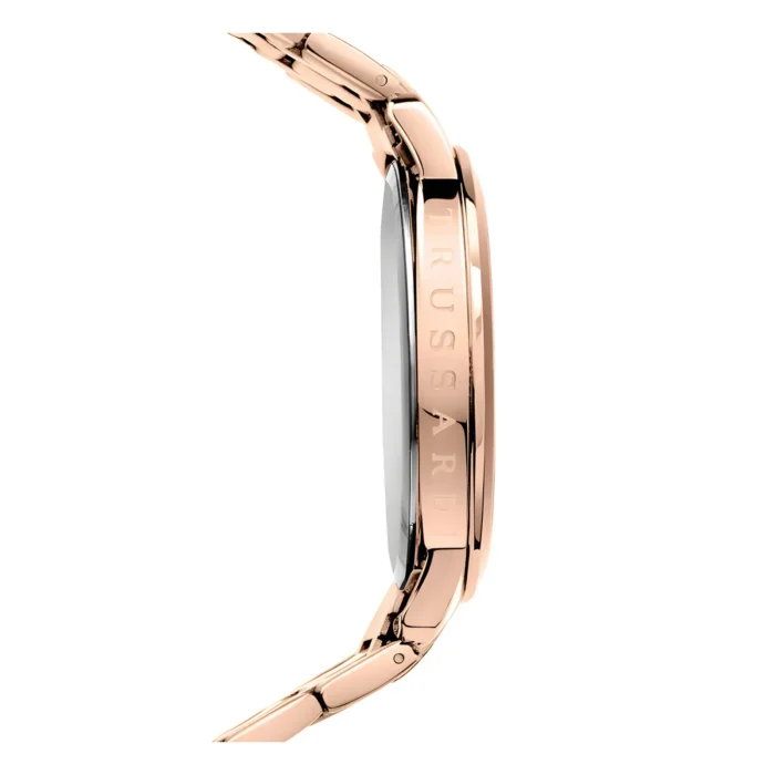 Close-up of a stylish rose gold watch with a sleek design, featuring an engraved brand name "Trussardi" on the side.