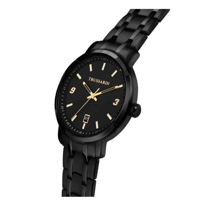 TRUSSARDI R2453147009-2 A stylish Trussardi watch featuring a black face, gold hour markers, and a sleek black metal band, emphasizing elegance and sophistication.