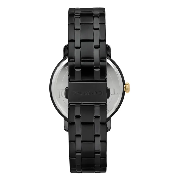 TRUSSARDI R2453147009-4 Black Trussardi watch featuring a sleek chain link band and gold accent on the crown, showcasing a minimalist style.