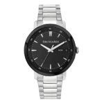 TRUSSARDI R2453147015 Silver stainless steel watch with a black dial, featuring a date display, sleek hour markers, and a polished bracelet.