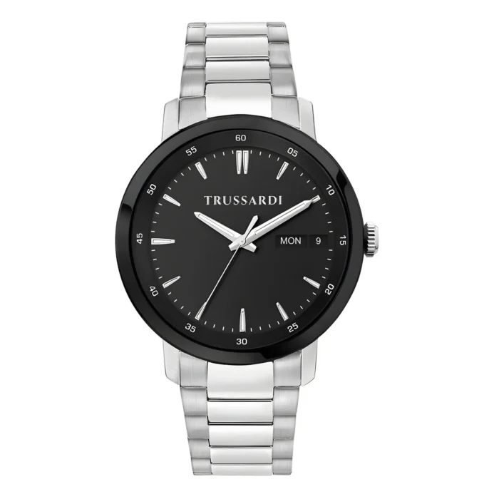 TRUSSARDI R2453147015 Silver stainless steel watch with a black dial, featuring a date display, sleek hour markers, and a polished bracelet.