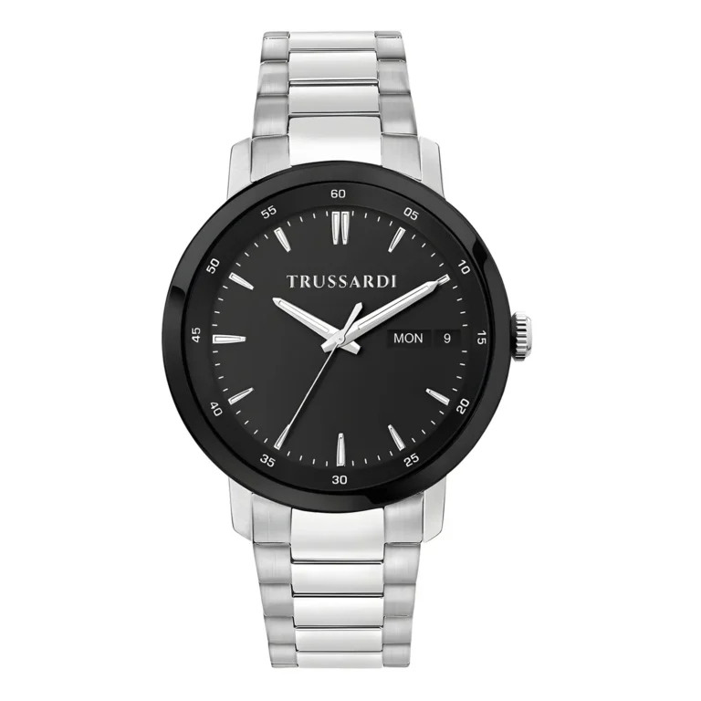 Silver stainless steel watch with a black dial, featuring a date display, sleek hour markers, and a polished bracelet.
