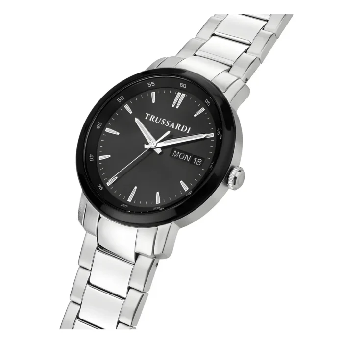 TRUSSARDI R2453147015-2 Hõbedane metallkäekell musta numbrilaua, Trussardi kaubamärgi, kuupäevanäidiku ja elegantse poleeritud käevõruga.