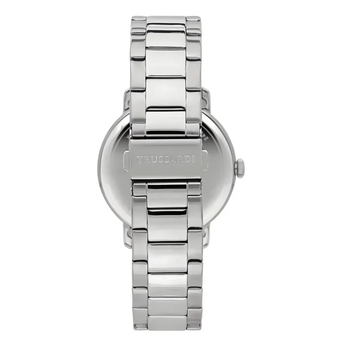 TRUSSARDI R2453147015-4 Tagantvaade elegantsele hõbedasele Trussardi käekellale poleeritud metallvõru ja graveeritud logoga pandlal.