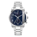 TRUSSARDI R2453154003 Silver Trussardi watch with a blue chronograph dial, featuring three sub-dials and a stainless steel bracelet.