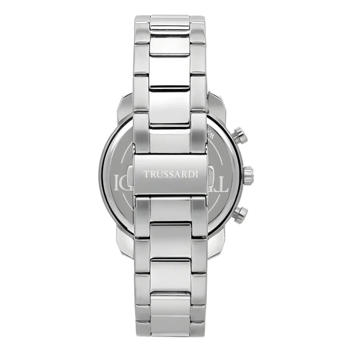 TRUSSARDI R2453154003-2 Hopeinen ruostumaton teräskello Trussardin brändäyksellä ja tyylikkäällä, modernilla muotoilulla, joka esittelee kiillotetun metallisen pinnan.