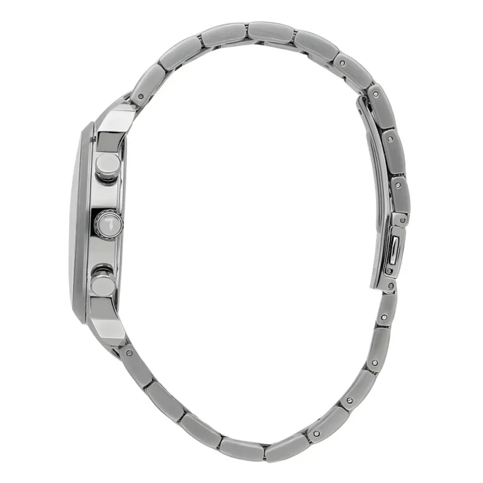 TRUSSARDI R2453154003-3 Sivuprofiili tyylikkäästä hopeisesta ruostumattomasta teräskellosta, jossa on kiillotettu pinta.