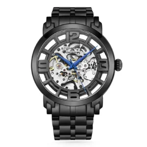 Stylish black Stuhrling watch featuring a transparent skeleton dial, blue hands, and bold hour markers on a sleek bracelet.