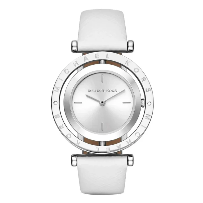 White Michael Kors watch with a silver dial, minimalist design, and engraved bezel, featuring a smooth white strap.