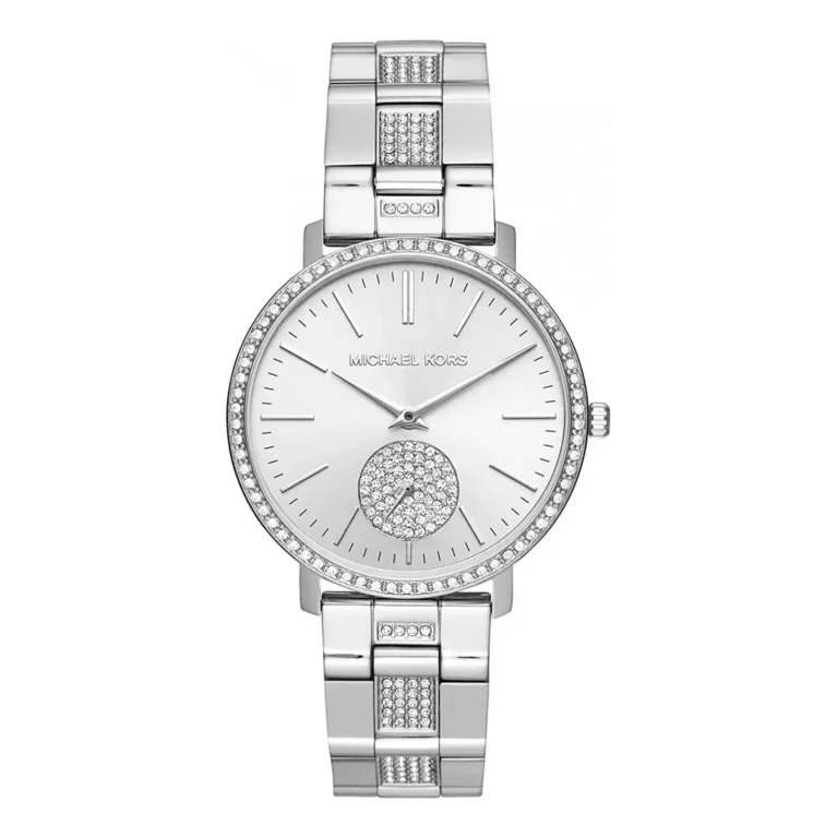 Silver Michael Kors watch featuring a sparkling bezel, a round dial with a stone-embellished subdial, and a sleek bracelet design.