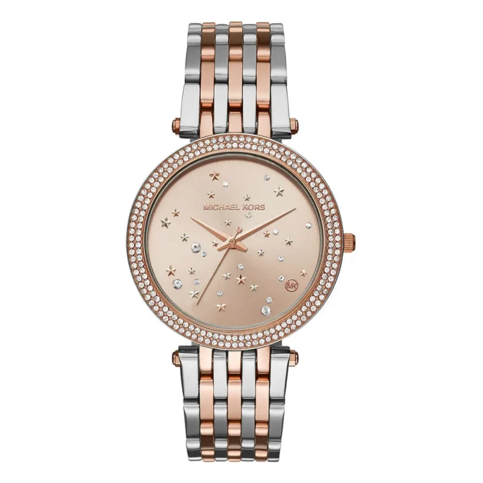 Michael Kors women's watch featuring a rose gold dial with star details, crystal embellishments, and a two-tone metal bracelet.