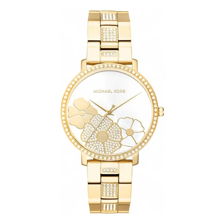 Gold Michael Kors watch featuring a floral design with sparkling crystals on the face and bracelet. Elegant and stylish accessory.