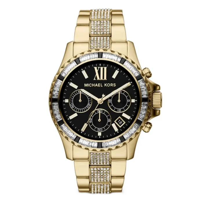 mk5828 A luxurious gold Michael Kors watch featuring a black face, crystal accents, and chronograph functions. Elegant and stylish design.