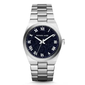 Silver Michael Kors watch featuring a navy glitter dial with Roman numerals and a stainless steel bracelet. Elegant and stylish design.