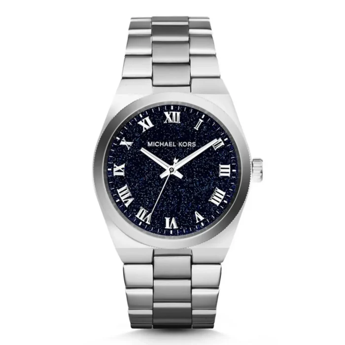 Silver Michael Kors watch featuring a navy glitter dial with Roman numerals and a stainless steel bracelet. Elegant and stylish design.