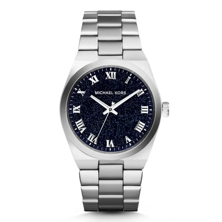 Silver Michael Kors watch featuring a navy glitter dial with Roman numerals and a stainless steel bracelet. Elegant and stylish design.