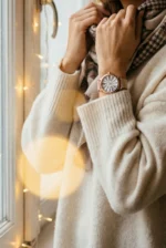 Person wearing a cozy cream sweater and plaid scarf, adjusting it by a window. A rose gold watch is visible on their wrist. Warm, soft lighting creates a serene mood.
