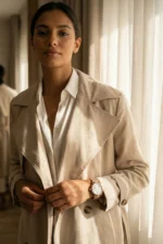 A person with a calm expression wears a beige trench coat and white shirt, standing near softly lit curtains. There's a watch on their wrist, creating an elegant tone.