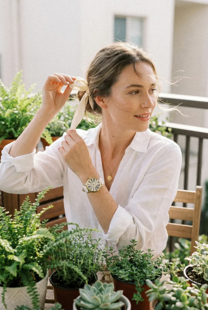 A woman in a white blouse ties her hair with a ribbon on a balcony. She's surrounded by green plants, exuding a calm and serene atmosphere.
