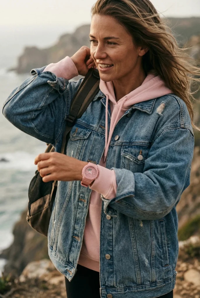 A woman stands on a windy cliffside, smiling. She wears a denim jacket, pink hoodie, and wristwatch, with a backpack slung over one shoulder. Ocean waves crash below.