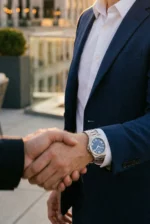 A person in a blue suit and white shirt, wearing a silver watch, shakes hands with another person. They are outdoors with a modern city backdrop at sunset.