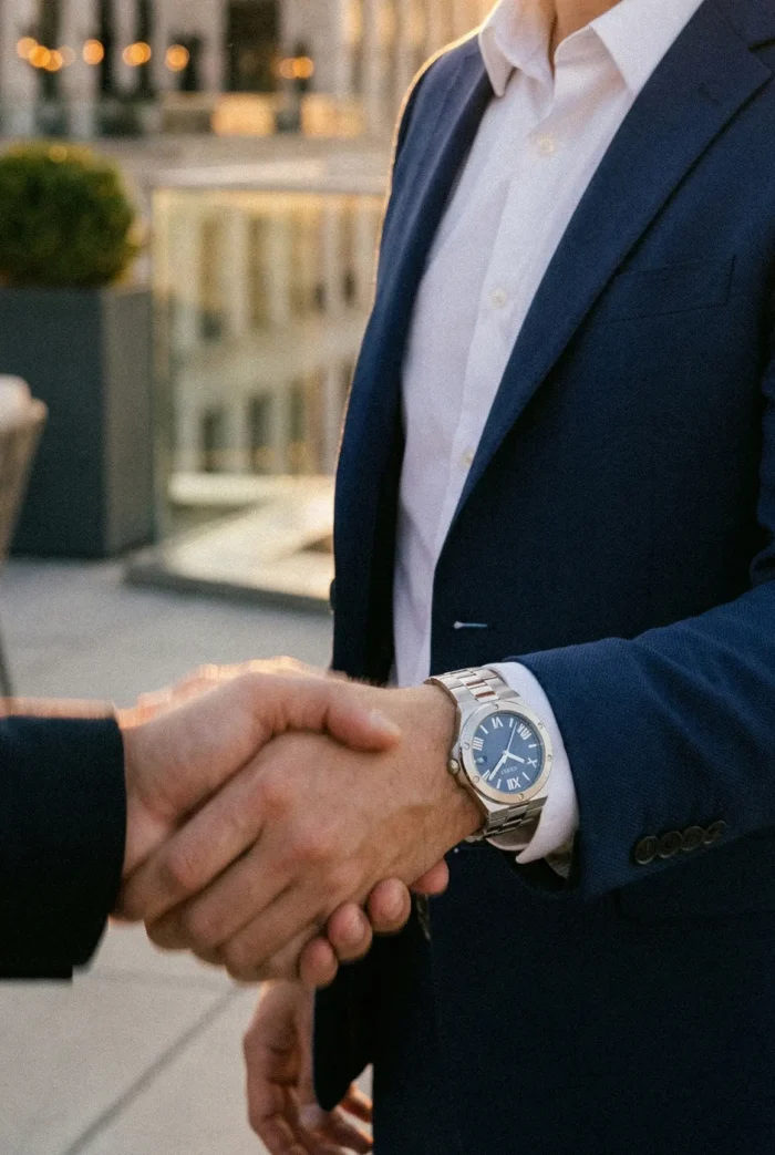 A person in a blue suit and white shirt, wearing a silver watch, shakes hands with another person. They are outdoors with a modern city backdrop at sunset.