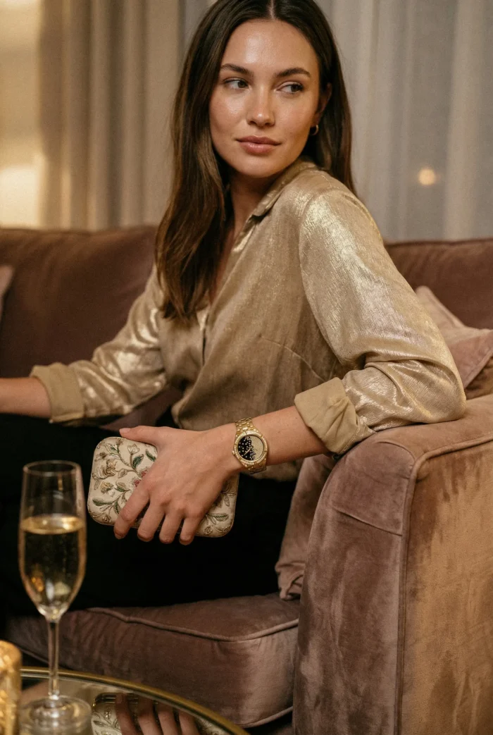 Woman in a gold blouse sits on a plush sofa, holding an embroidered clutch. A glass of champagne is on the table, setting an elegant, relaxed tone.