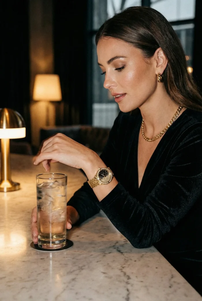 A woman in a black dress sits at a marble bar, holding a glass of ice water. She wears a gold watch and necklace, with a soft, contemplative expression.