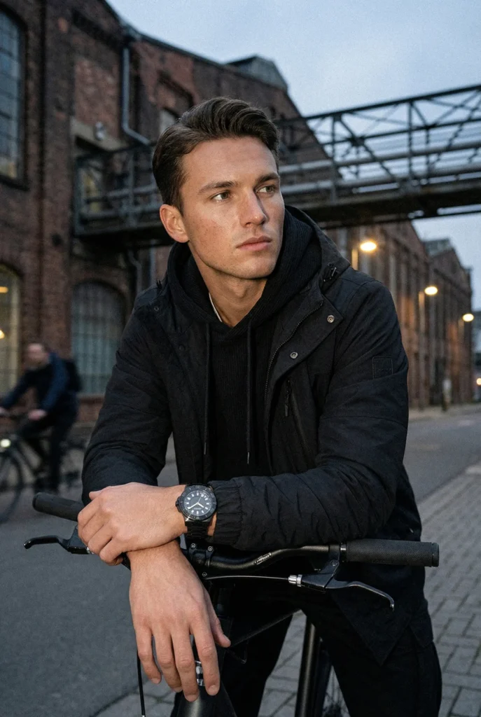 A man in a black jacket leans on a bicycle in an urban, dimly lit street with old brick buildings. He appears thoughtful against an industrial backdrop.