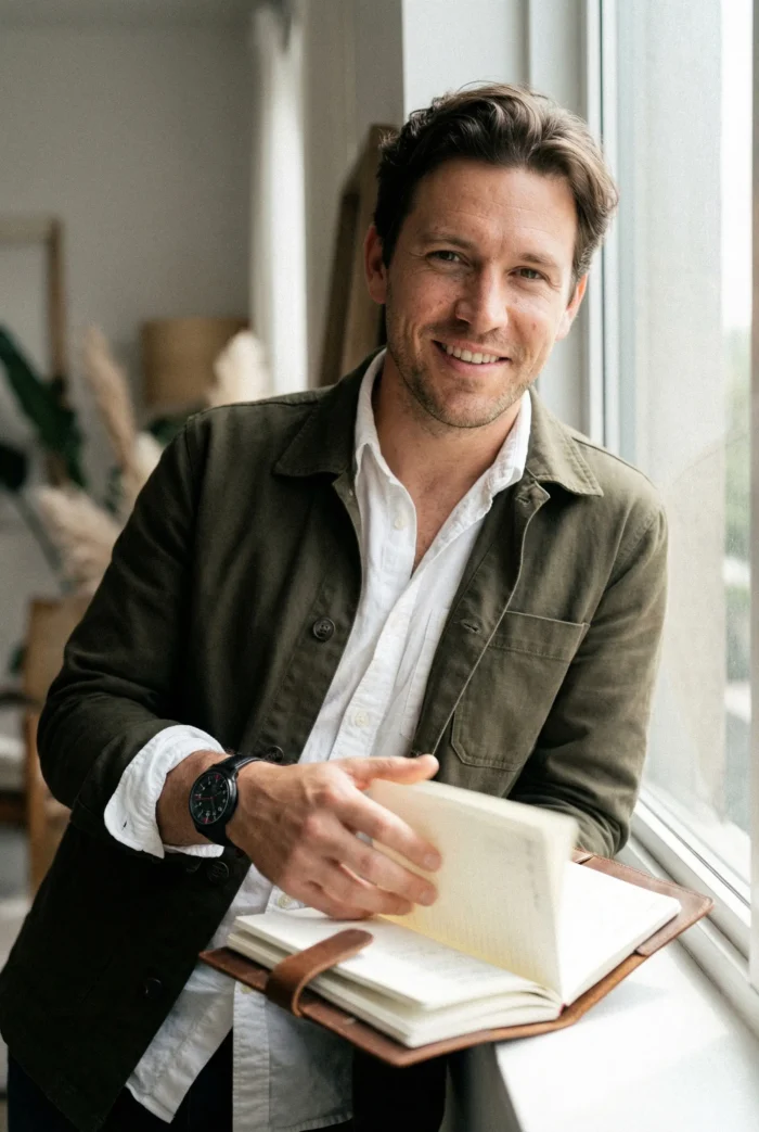 Man in an olive jacket and white shirt smiles while flipping through a notebook near a window. The space feels bright and welcoming.