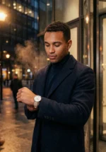 A man in a dark coat checks his watch on a chilly evening. Tall buildings and warm streetlights illuminate the scene, creating an urban, thoughtful atmosphere.