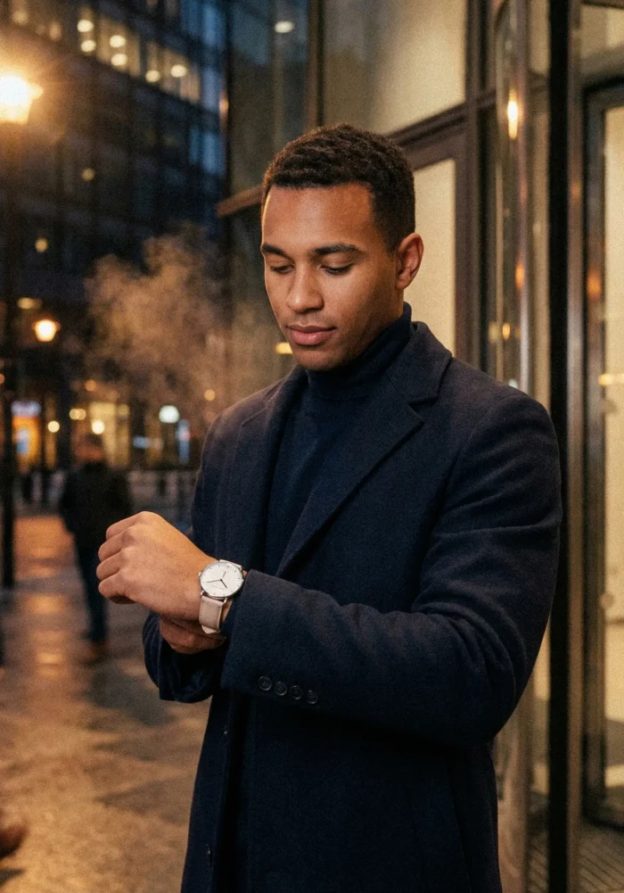 A man in a dark coat checks his watch on a chilly evening. Tall buildings and warm streetlights illuminate the scene, creating an urban, thoughtful atmosphere.