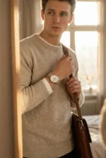 A man in a cozy beige sweater looks contemplative, holding a brown leather bag strap. Sunlight filters through a window, casting a warm glow.