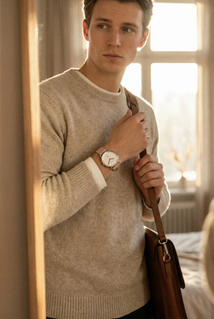 A man in a cozy beige sweater looks contemplative, holding a brown leather bag strap. Sunlight filters through a window, casting a warm glow.