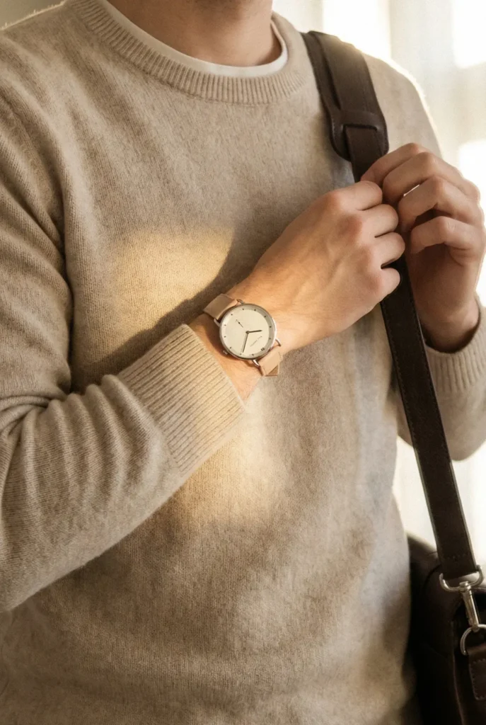 A person wearing a beige sweater holds a strap of a brown bag. They have a beige wristwatch on their left wrist. Natural light casts a warm glow.